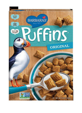 Box of Barbaras Puffins Original Cereal with a bowl of cereal and a puffin illustration
