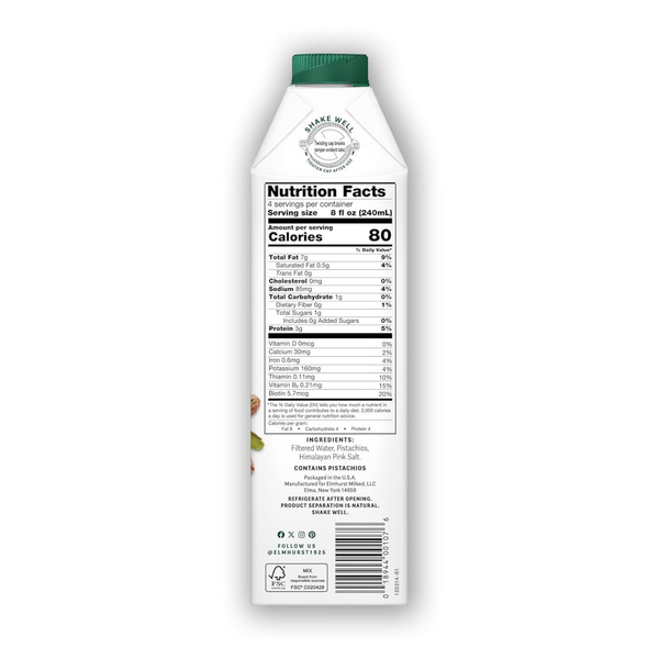 Elmhurst 1925 Pistachio Milk Unsweetened - 32 Ounce (Pack of 6) Dairy-Free, Gluten-Free, Vegan, Kosher, Shelf Stable Milk Made with Water & Pistachios for Healthier, Simpler Plant-Based Alternatives