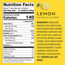 Nutrition facts label for lemon-flavored cookies with ingredients listed on a yellow background.