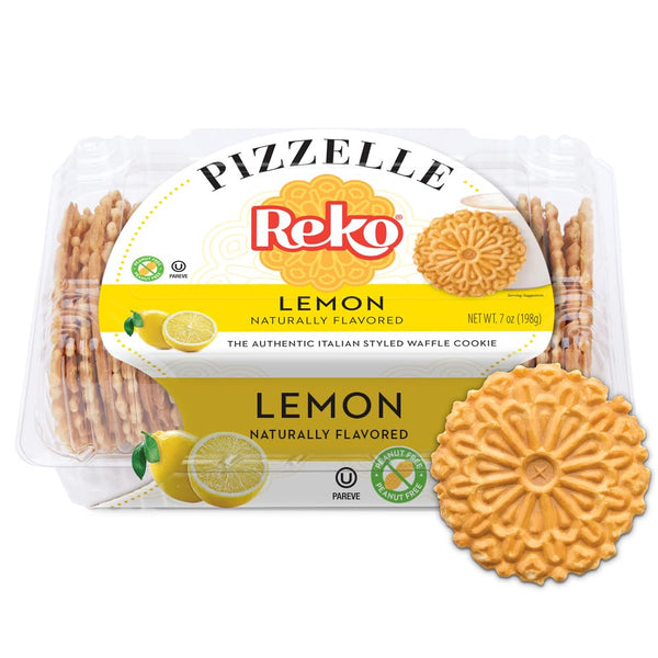 Packaged lemon-flavored Pizzelle cookies with Reko branding on a white background