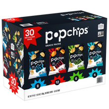 Popchips Snack Packs variety box with 30 bags of salt, BBQ, and sour cream and onion flavors.
