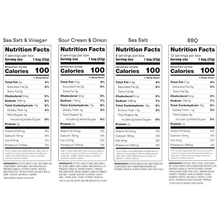 Comparison of nutrition facts labels for Sea Salt & Vinegar, Sour Cream & Onion, Sea Salt, and BBQ flavors.