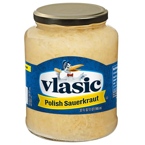 A glass jar of Vlasic Polish Sauerkraut with a blue and yellow label and a gold metal lid, shown on a plain white background.
