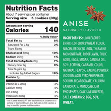 Nutrition facts label and ingredients list for anise-flavored cookies on a green background