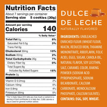 Nutrition facts label and ingredients list for Dulce de Leche cookies on an orange background.