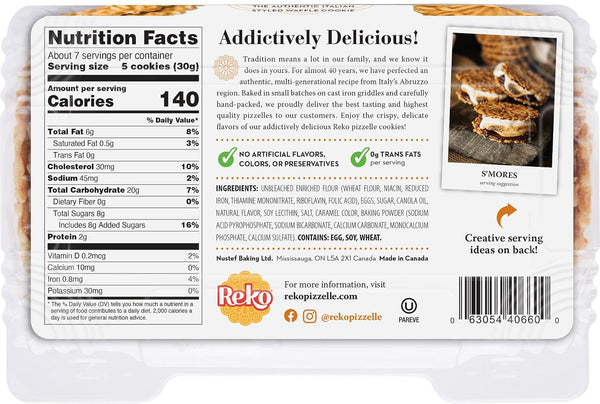 Back of a Reko S'mores cookie package, showing Nutrition Facts, product description, ingredients, and barcode on a white background.