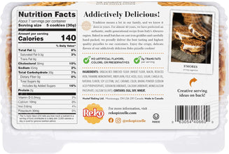 Back of a Reko S'mores cookie package, showing Nutrition Facts, product description, ingredients, and barcode on a white background.