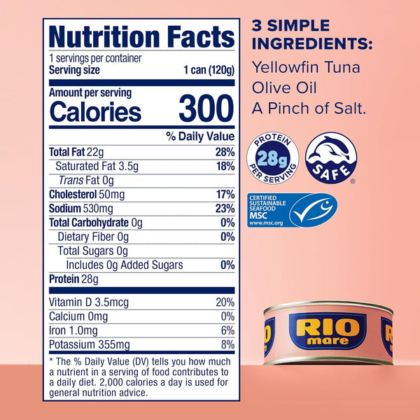 Nutrition facts label for RIO more Yellowfin Tuna Olive Oil on a peach background, alongside product ingredients and a can of yellowfin tuna.
