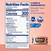 Nutrition facts label for RIO more Yellowfin Tuna Olive Oil on a peach background, alongside product ingredients and a can of yellowfin tuna.