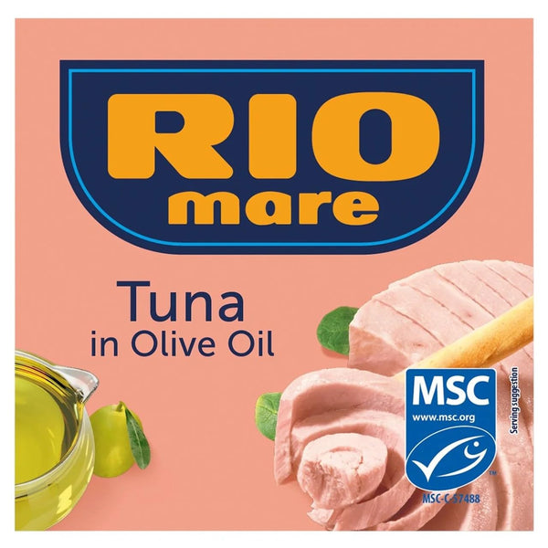 Rio Mare tuna in olive oil packaging with MSC logo on a pink background
