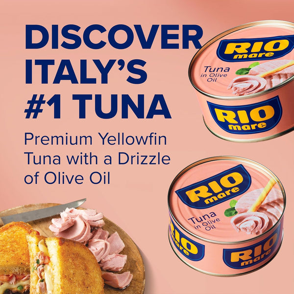 Promotional graphic for Rio mare Tuna in Olive Oil cans, showing two cans on a peach background with marketing text and a plated tuna sandwich as a food suggestion.