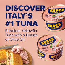 Promotional graphic for Rio mare Tuna in Olive Oil cans, showing two cans on a peach background with marketing text and a plated tuna sandwich as a food suggestion.