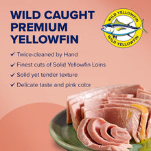 Advertisement for Wild Caught Premium Yellowfin tuna with product on a plate and brand logo.