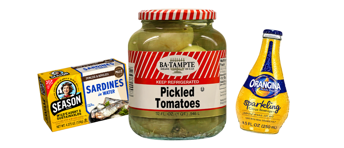 Season sardines, Ba-Tampte pickled tomatoes and Orangina