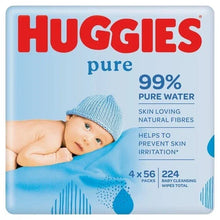 Huggies Pure baby wipes pack with a baby in a blue hat, 99% water, 224 wipes