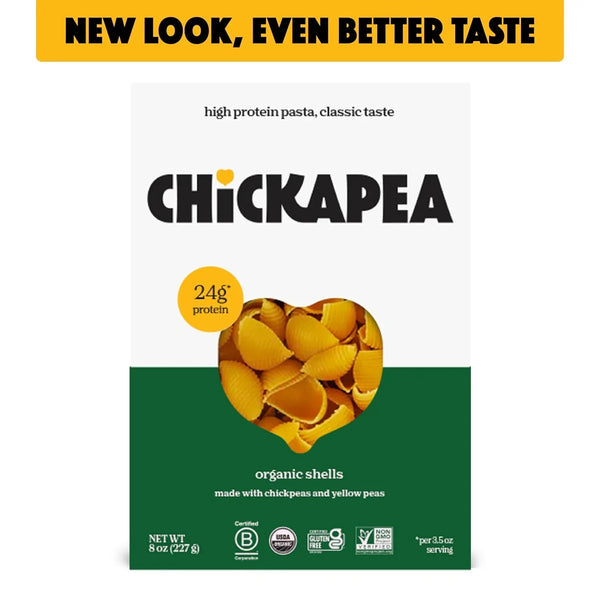 Chickapea organic shell pasta box, high protein, made from chickpeas and yellow peas