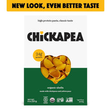 Chickapea organic shell pasta box, high protein, made from chickpeas and yellow peas