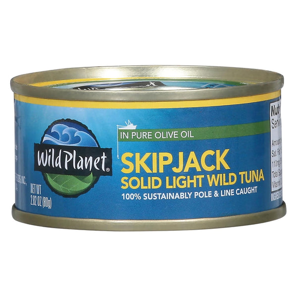 A 2.82 oz can of Wild Planet Skipjack Solid Light Wild Tuna in olive oil, featuring a blue label with yellow and white text on a white background.