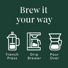 Three coffee brewing methods (French press, drip brewer, pour over) on a green background with text 'Brew it your way'.