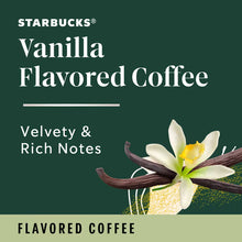 Advertisement for Starbucks Vanilla Flavored Coffee with vanilla bean and flower on a green background