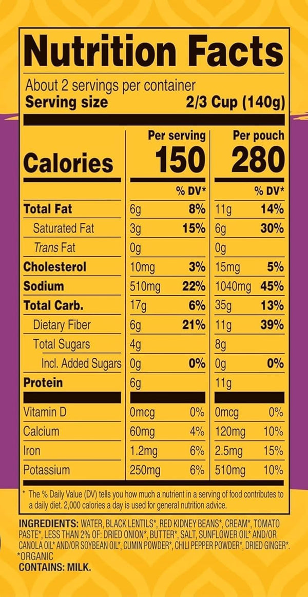 Tasty Bite Organic Original Madras Nutrition Facts