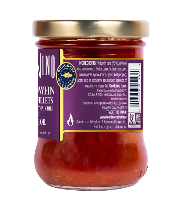 Jar of Wild Alaskan Pollock fillets with Thai chili flavor on a white background