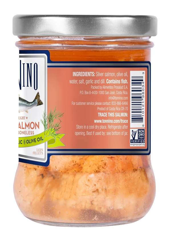 Tonnino Silver Salmon 6.3 oz ingredients UPC and storage label