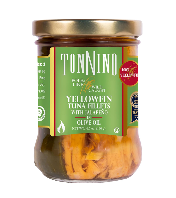 Tonnino Yellowfin Tuna Fillets with Jalapeno in Olive Oil 6.7 oz front jar