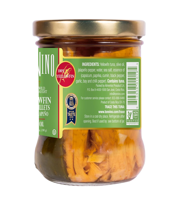 Tonnino Yellowfin Tuna Jalapeno 6.7 oz ingredients UPC and storage label
