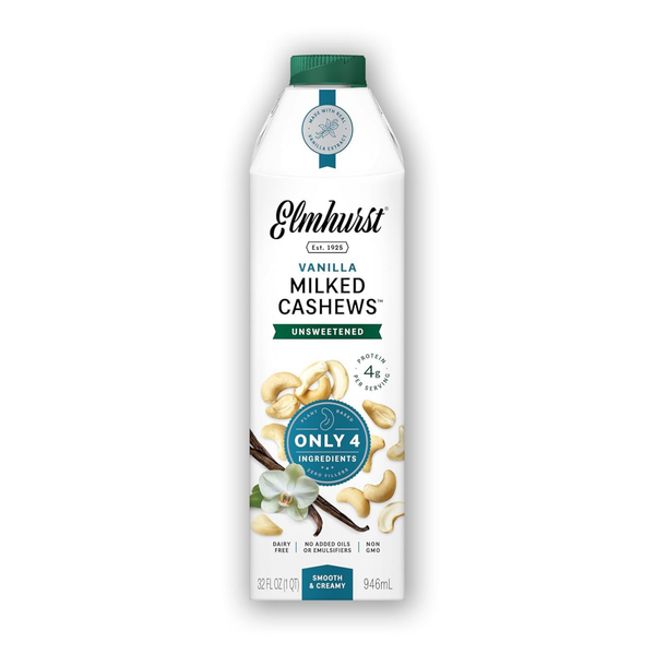 Elmhurst 1925 Vanilla Cashew Milk Unsweetened - 32 Ounce (Pack of 6) Dairy-Free, Vegan, Kosher, Shelf Stable Milk Made with Vanilla, Water & Cashew for Healthier, Simpler Plant-Based Alternatives