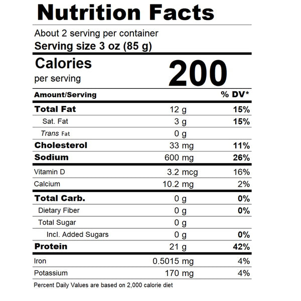 Nutrition facts label for a food product with serving size, calories, and nutritional content details.