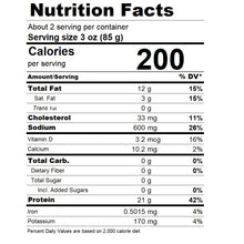 Nutrition facts label for a food product with serving size, calories, and nutritional content details.