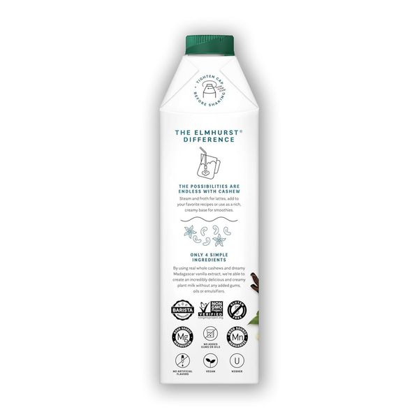 Elmhurst 1925 Vanilla Cashew Milk Unsweetened - 32 Ounce (Pack of 6) Dairy-Free, Vegan, Kosher, Shelf Stable Milk Made with Vanilla, Water & Cashew for Healthier, Simpler Plant-Based Alternatives
