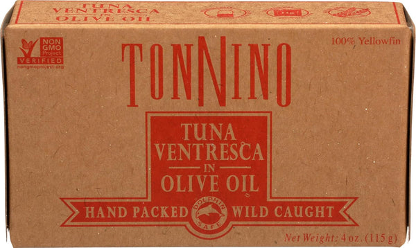 Box of Tonnino Tuna Ventresca in Olive Oil on a brown background