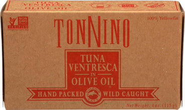 Box of Tonnino Tuna Ventresca in Olive Oil on a brown background