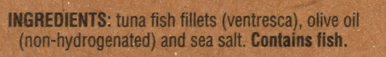 A close-up of printed text on a brown background reading 'INGREDIENTS: tuna fish fillets (ventresca), olive oil (non-hydrogenated) and sea salt. Contains fish.