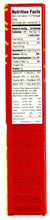 Nutrition facts label on a red product package showing calories, fats, and ingredients.