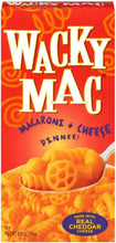 Wacky Mac Macaroni and Cheese dinner box featuring wheel and spiral pasta.