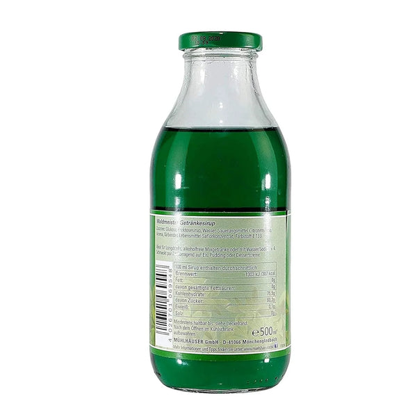 Green Waldmeister drink syrup in glass bottle, 500ml, ideal for cocktails, desserts, or sodas