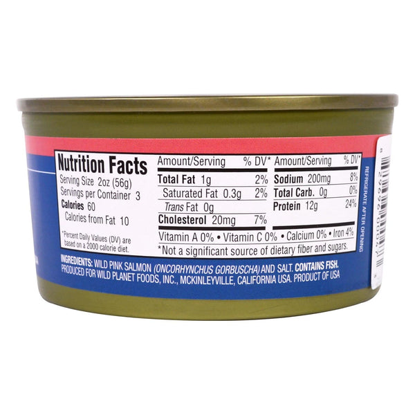 A round can of Wild Pink Salmon canned fish shown from the back, featuring a prominent blue Nutrition Facts label with white text on a white studio background.