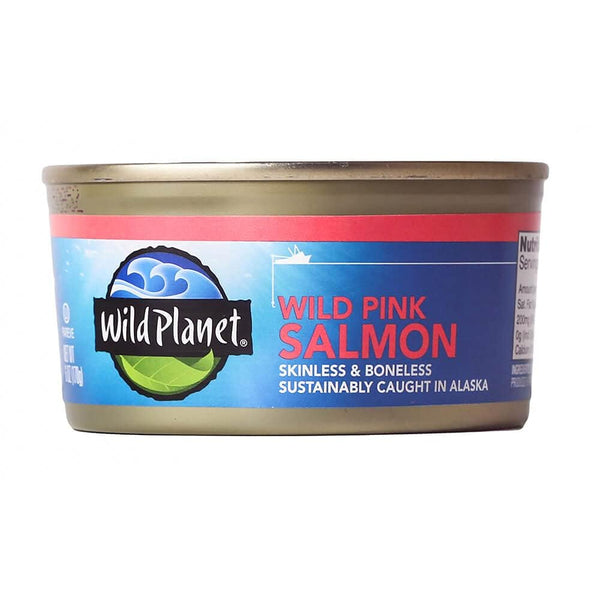 A can of Wild Planet Wild Pink Salmon canned fish on a plain white background.