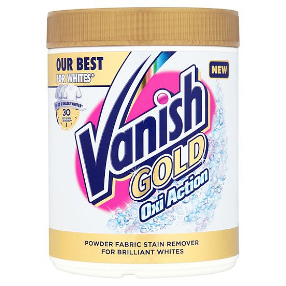 A white plastic tub of Vanish Gold Oxi Action powder fabric stain remover with a gold-colored lid, shown against a plain white background.