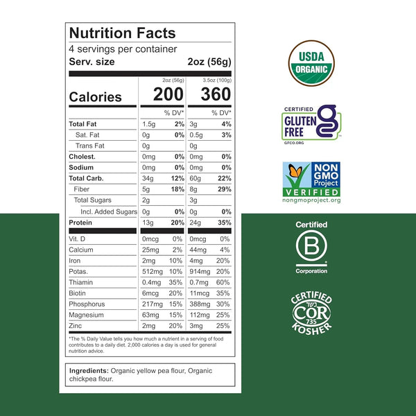 Nutrition facts label with organic, gluten-free, non-GMO, kosher, and B Corp certifications.