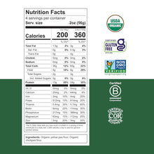Organic yellow pea and chickpea flour nutrition facts with USDA Organic, Gluten-Free, Non-GMO, Kosher, and Certified B Corporation badges.