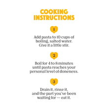 Pasta cooking instructions in three steps with bold yellow headers and numbered icons.