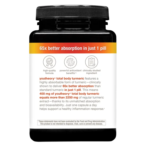 Youtheory Total Body Turmeric 90 capsules absorption and benefits label