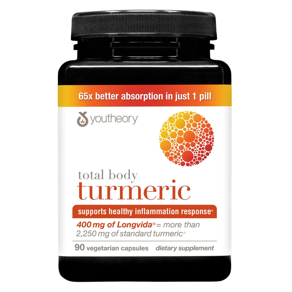 Youtheory Total Body Turmeric 400 mg Longvida 90 vegetarian capsules front bottle