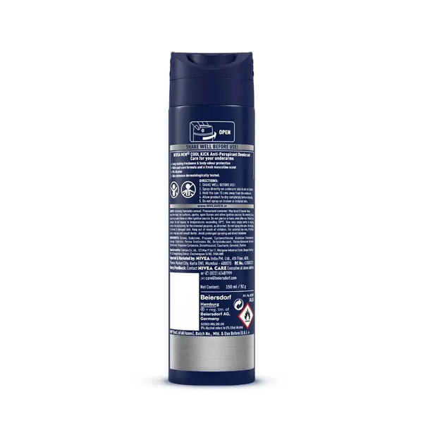 Back view of a blue cylindrical men's deodorant spray with instructions and warnings visible