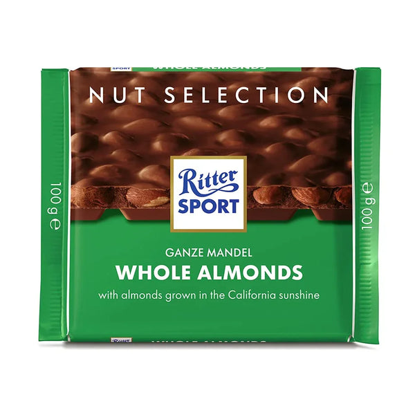 Ritter Sport Whole Almonds chocolate bar, green packaging, 100g, nut selection.